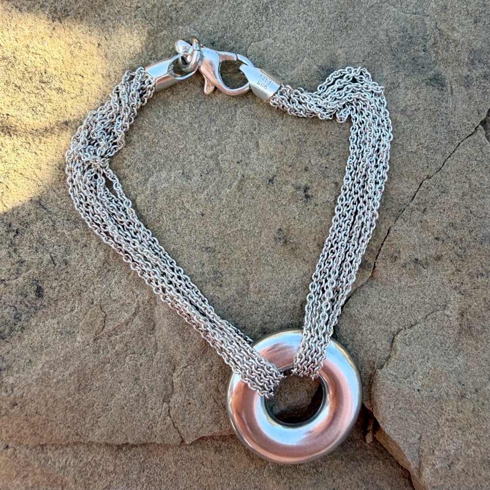 Multi-Chain 925 Sterling SilverBracelet with Circle Pendant - Picture 1 of 6